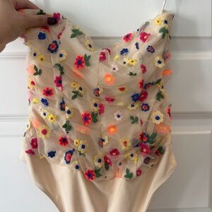 Lovers + Friends Floral Embroidered Nude Bodysuit with Multicolor Flowers